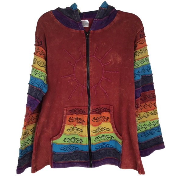 Greater Good Network Hoodie Full Zip Red Rainbow Patchwork Embroidered Size S/M - Picture 1 of 15